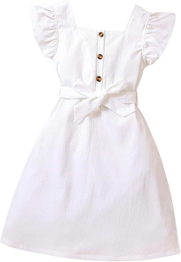 Floerns Girl's Casual Square Neck Ruffle Cap Sleeve Belted Vacation A Line Dress