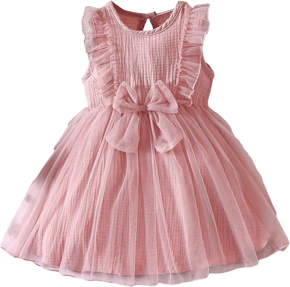 Girl's Solid Ruffle Trim Flared Dress Cute Bow Front Mesh Sleeveless Round Neck High Waist Knee Length A Line Dresses