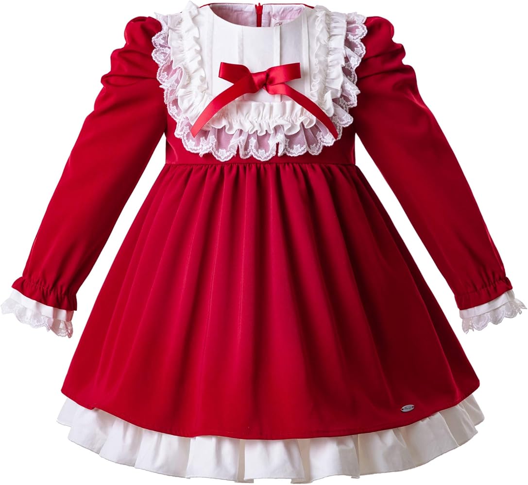 Pettigirl Winter Girls Dresses Red Lace Party Princess Fall Casual Long Sleeve Kids Clothes with Headpiece