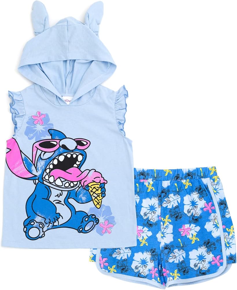 Disney Minnie Mouse Lilo & Stitch Girls French Terry Tank Top Shirt Dolphin and Active Shorts Little Kid to Big Kid