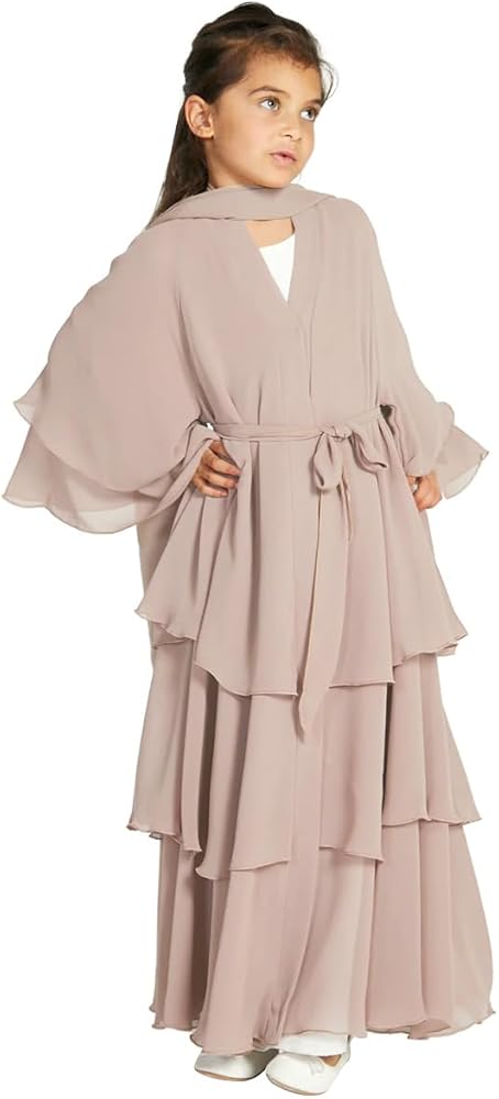 AFAVOM Girls Muslim Abayas Prayer Dress Tiered Layered Chiffon Kaftan Dress Cardigan Dubai Clothes Islamic Dress with Hijab