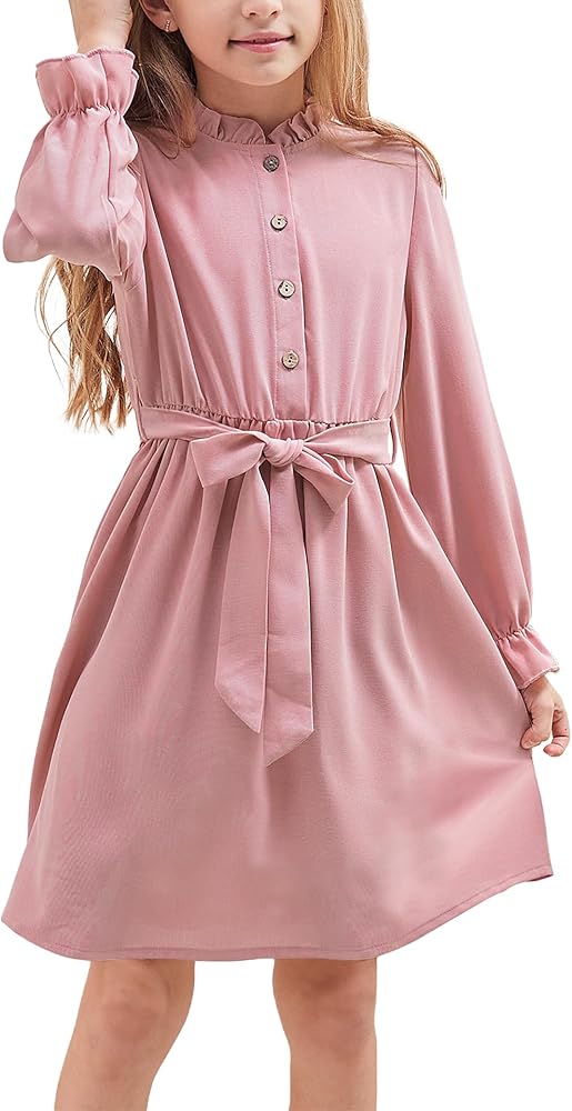 Girls Dress Solid Color Ruffle Collar Button-Down Long Sleeve Swing Fall Girls Dresses Size 7-8