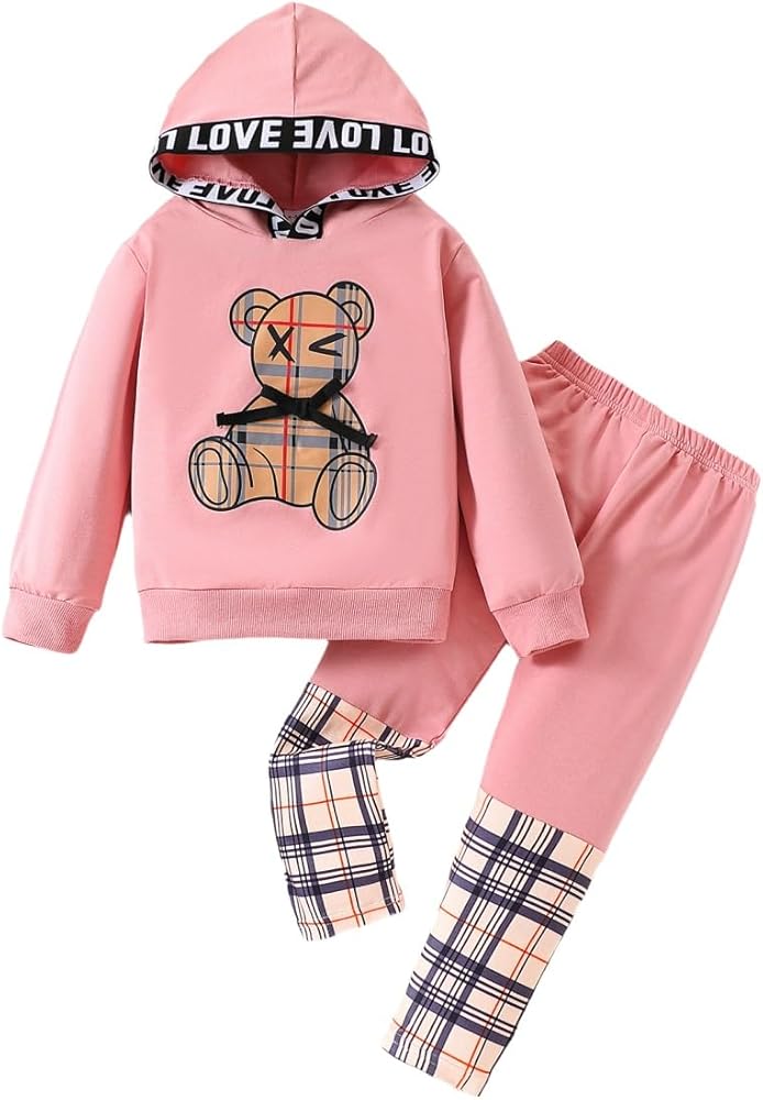 Toddler Kid Girls Girl Clothes Bear Print Drop Shoulder Hoodie Put Together Plaid Sweatpants 2PC Outfit Set