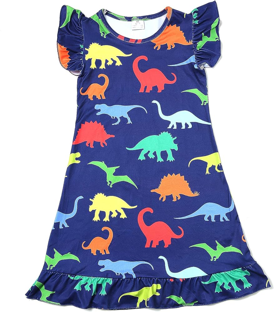 Toddler Girls Dinosaur Leopard Printed Dress Causal Flutter Sleeve Ruffle Bottom Dress