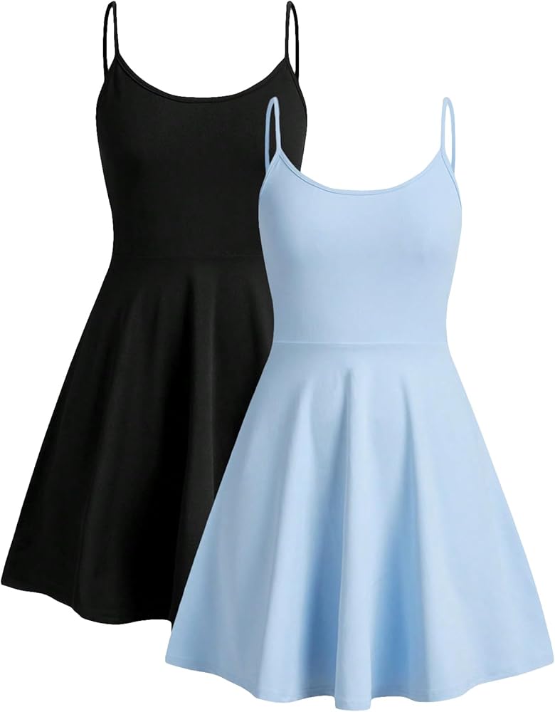 Girl's 2 Pack Summer Dress Spaghetti Strap Sleeveless Flare Cami Dress High Waisted A Line Dress