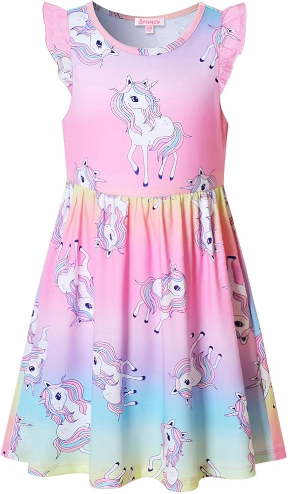 Girls Unicorn Dresses Summer Flutter Sleeve Rainbow Party Clothes for Kids