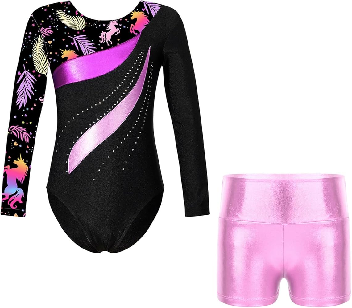 Girls 2 Pieces Gymnastics Dance Outfit Long Sleeve Print Leotards with Shorts Athletic Tracksuit Activewear