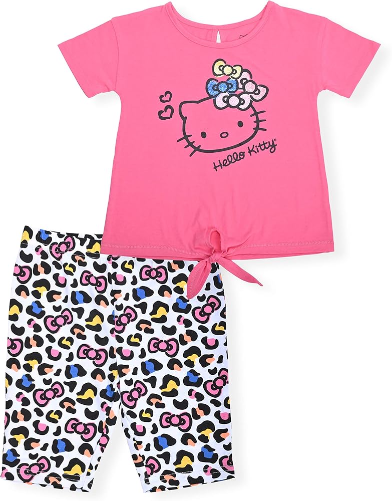 Hello Kitty Girls 2-Piece Fashion Tee Shirt and Active Bike Short Set With Top and Fashion Tight Shorts Clothes for Girls