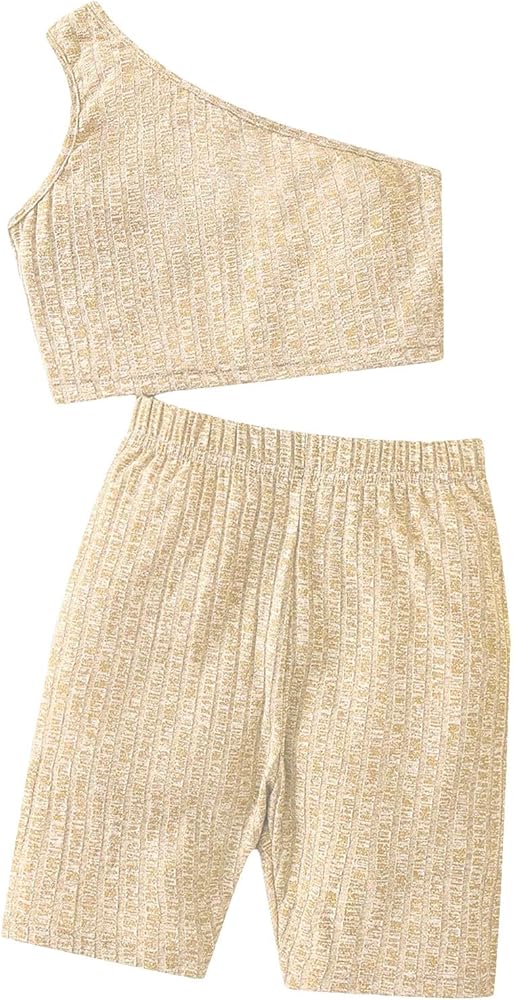 WDIRARA Girl's Ribbed 2 Piece One Shoulder Sleeveless Top And Biker Shorts Sport Set