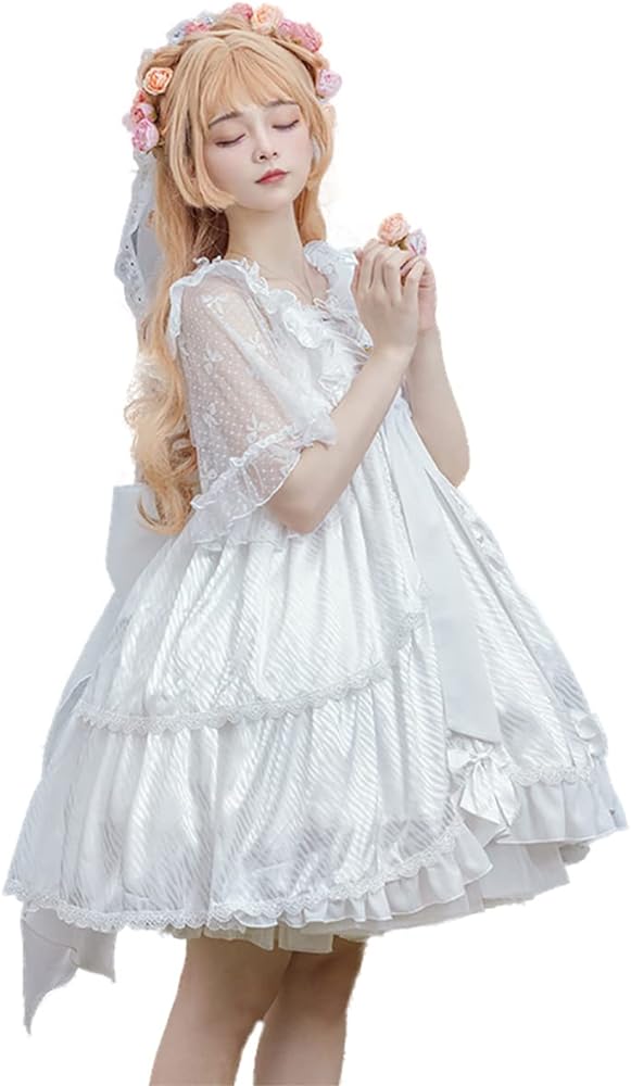 JLTiaoTiao Girls White Sweet Lolita Dress Bowknot Sleeveless JSK Princess Dress