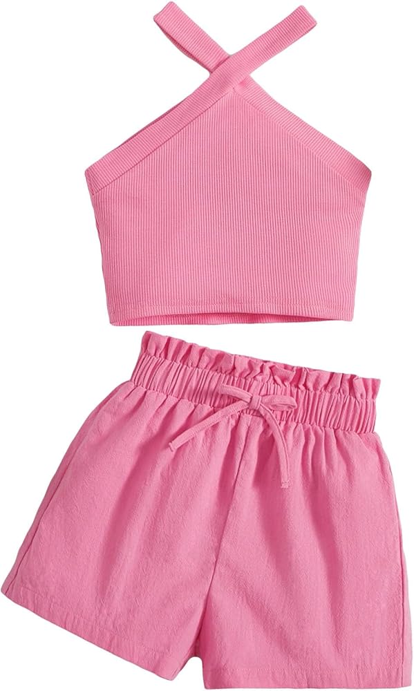 MakeMeChic Girl's 2 Piece Summer Outfits Ribbed Knit Sleeveless Top Wide Straight Leg Shorts Sets