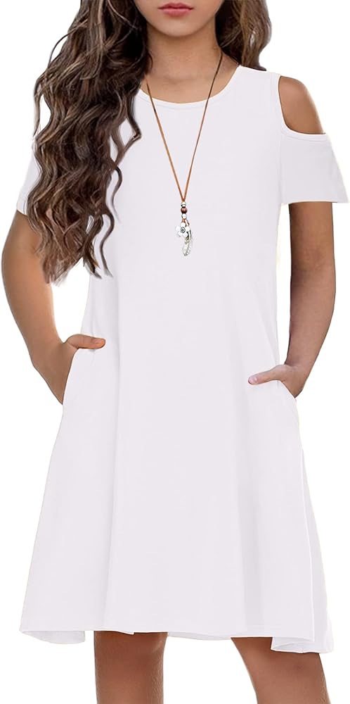 Arshiner Girls Summer Dress Short Sleeve Cold Shoulder Solid Color Swing Casual Dresses with Pockets