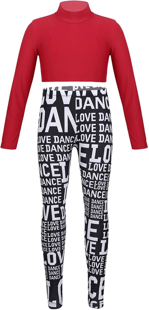 Kids Girls Athletic 2 Pcs Sports Dance Outfits Long Sleeves Crop Top with Leggings Set Tracksuit Activewear