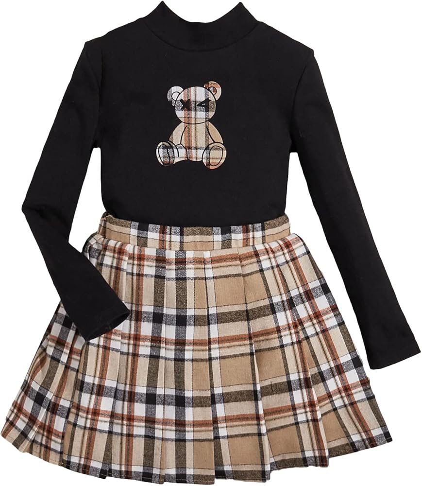 Floerns Girls 2 Piece Outfit High Neck Tee Shirt with Plaid Mini Skirt Set Black Bear 9Y