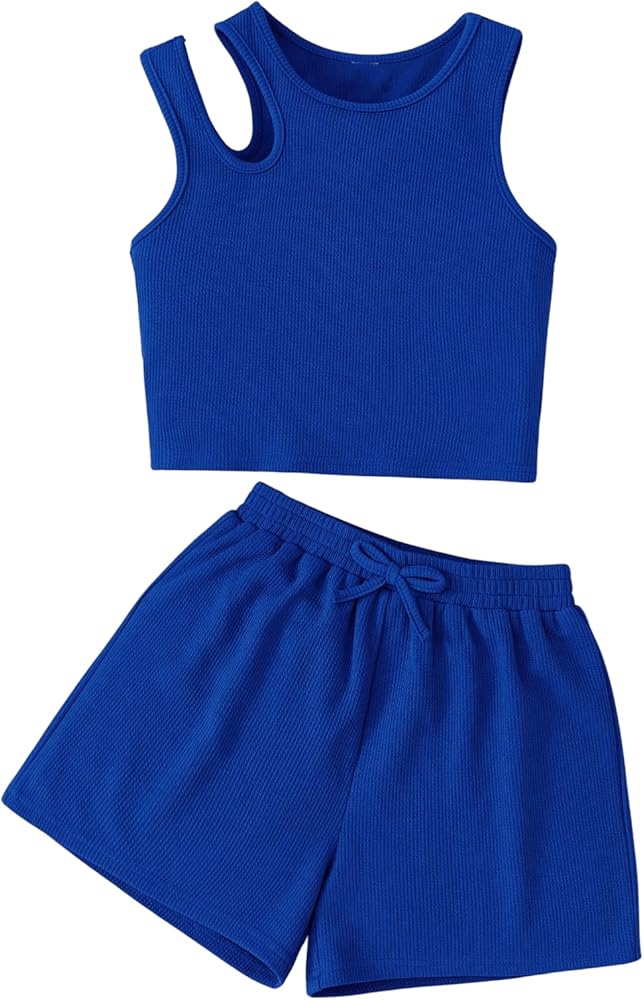 OYOANGLE Girl's 2 Piece Outfits Cut Out Crop Tank Top and Drawstring Waist Shorts Workout Sets