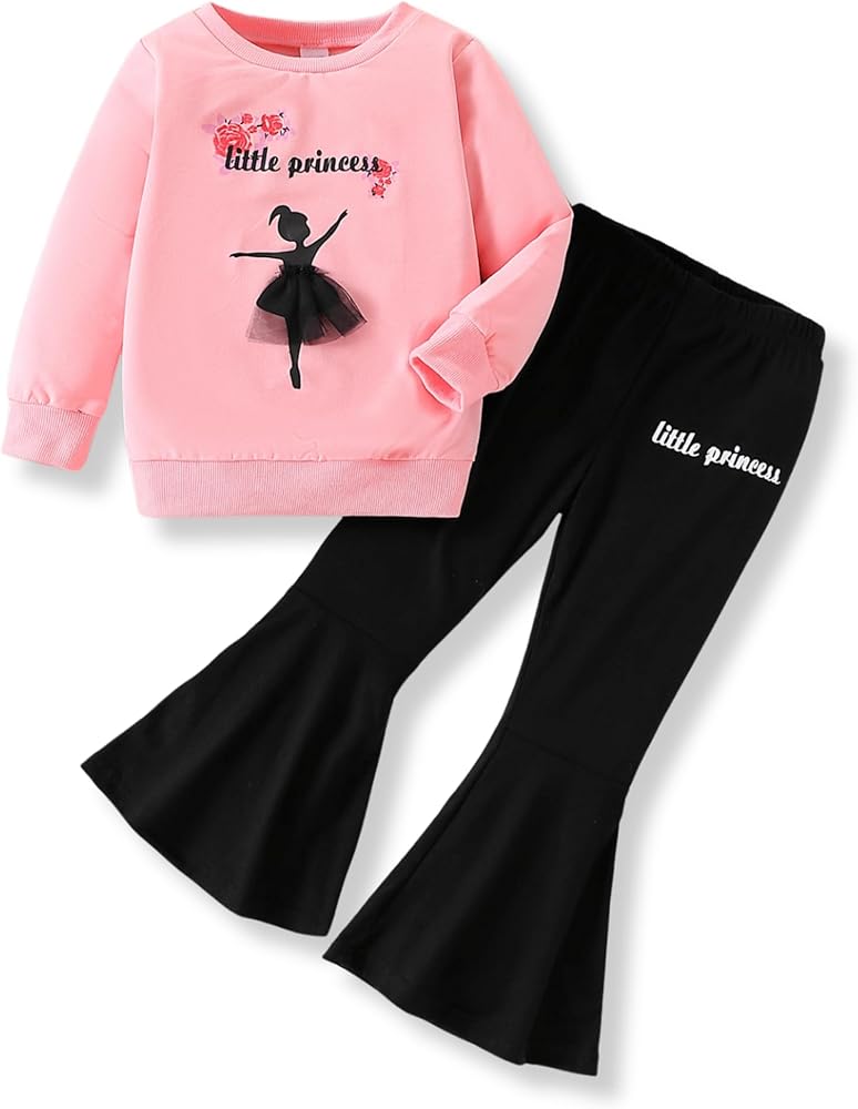 3-7T Kids Toddler Girl Clothes Letter Print Sweatshirt Flared Pants 2Pc Outfits Set