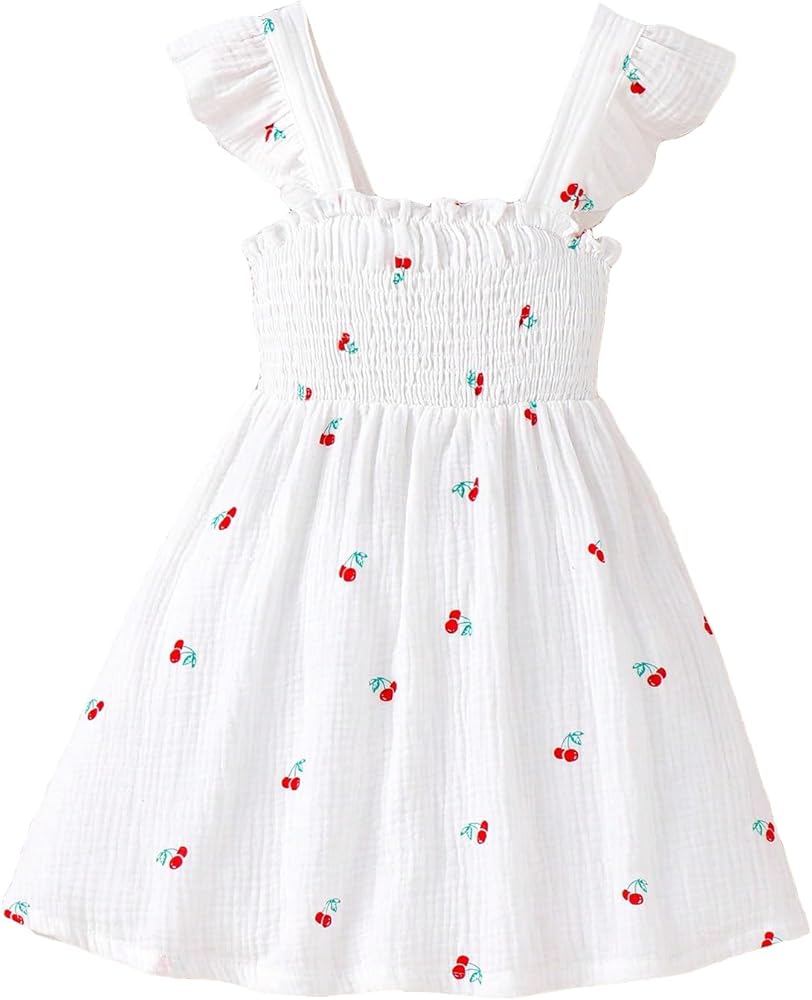 SHENHE Girl's Smocked Ruffle Sleeveless A Line Flowy Summer Cute Cherry Dress White 7Y