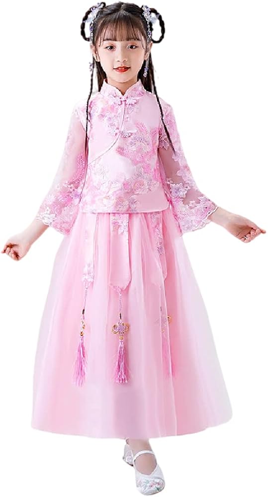 Quenny Girls' Buckle Embroidered Hanfu Dress,Summer Chinese Style Tang Suits,Super Fairy Chiffon Mesh Puffy Two-Piece Skirts.