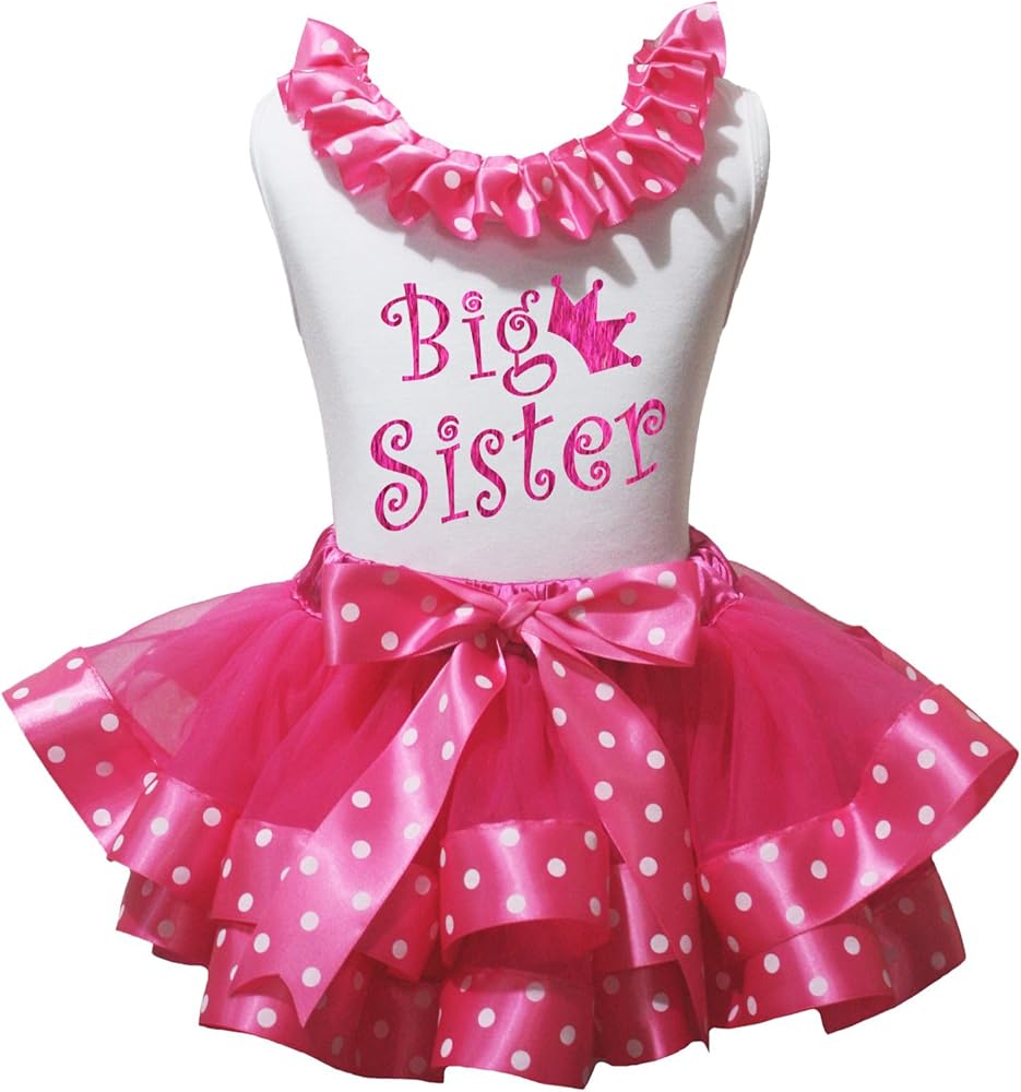 Petitebella Bling Big Sister White Shirt Hot Pink Dots Petal Skirt Outfit Nb-8y