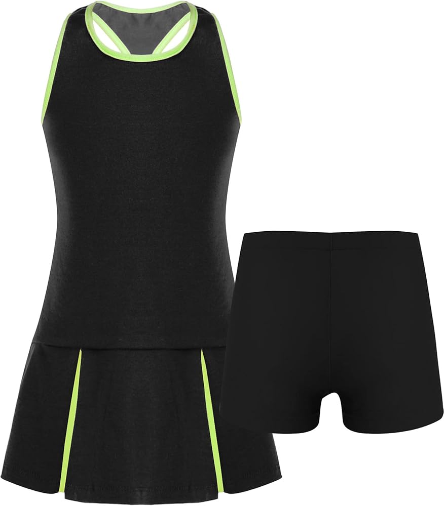 Kids Girls Sleeveless Tennis Golf Dress Outfits Athletic Tank Top and Skirt with Built in Shorts Tracksuit Sets