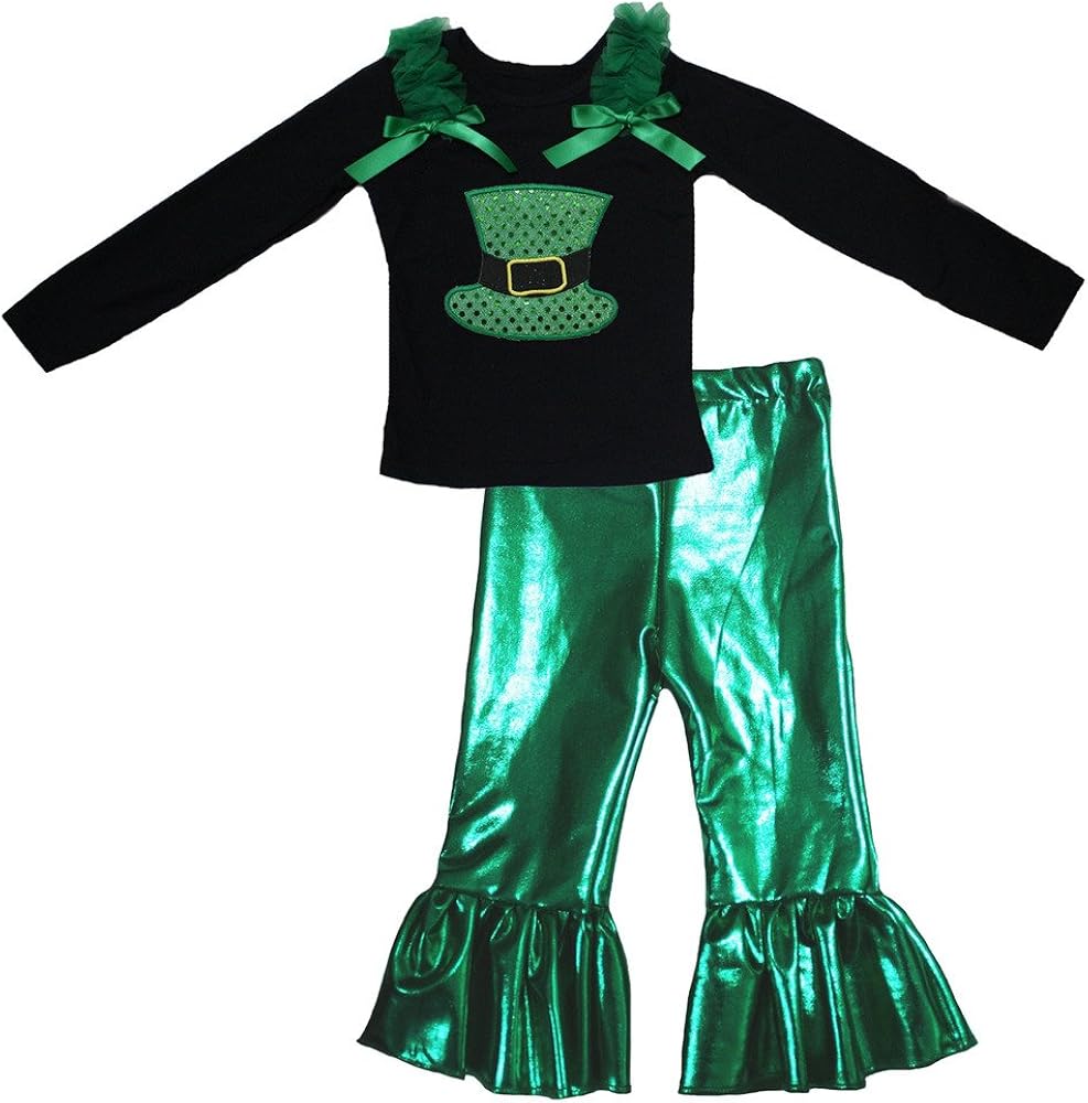 Petitebella Green High-Hat Black L/s Shirt Bling Green Pants Outfit 1-8y