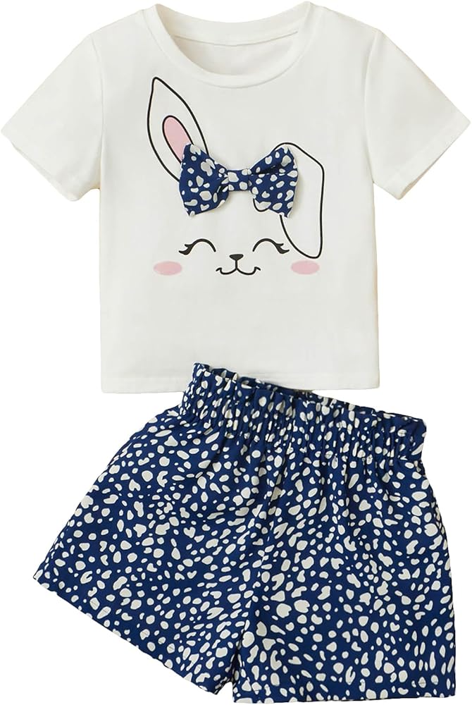 OYOANGLE Girl's 2 Pieces Outfits Graphic Print Short Sleeve Round Neck Tee Top and Paperbag Waist Shorts Set