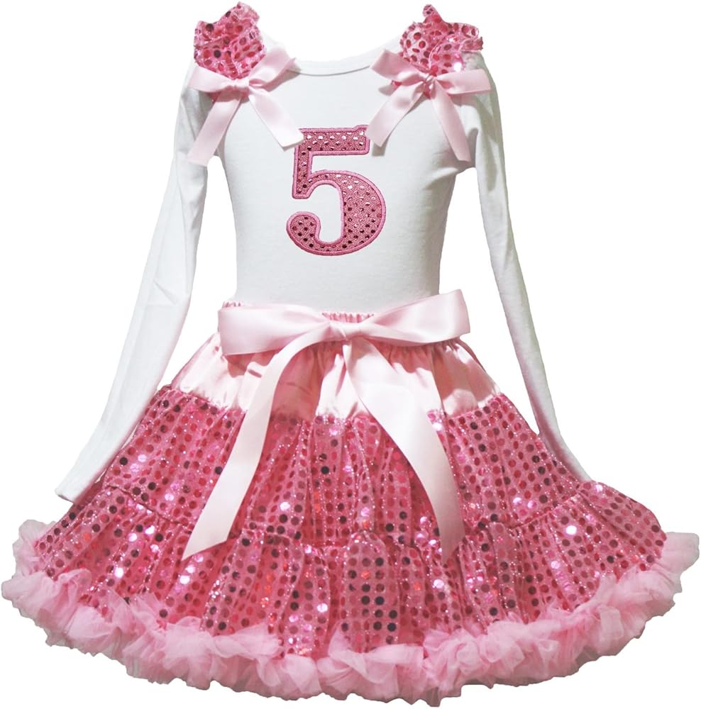 Petitebella Sequins 1st to 5th White L/s Shirt Pink Sequins Petti Skirt Outfit 1-8y