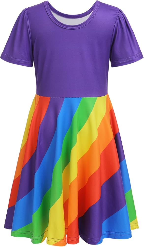 Girl Rainbow Twirl Dress Toddler Girls Short Sleeve Swing Party Dress Summer A-Line Casual Skater Dresses