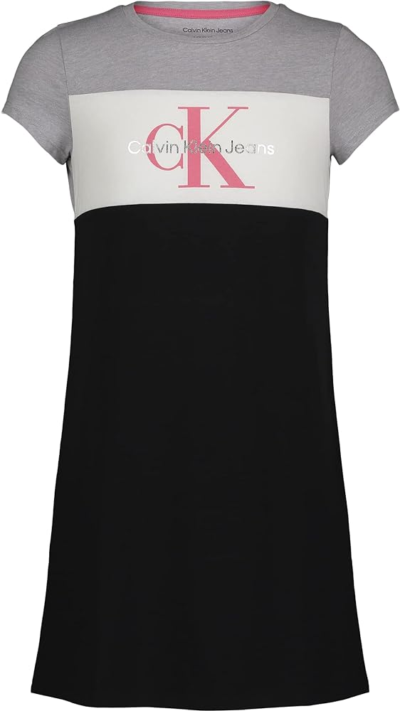 Calvin Klein Girls' Short Sleeve T-Shirt Dress, Pullover Style with Crew-Neck Neckline, Logo Detailing