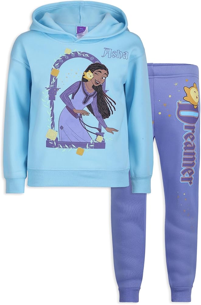 Disney Wish Asha Girls Dreamer 2 Piece Outfit Hooded Sweatshirt and Pant Set for Big Kids – Blue