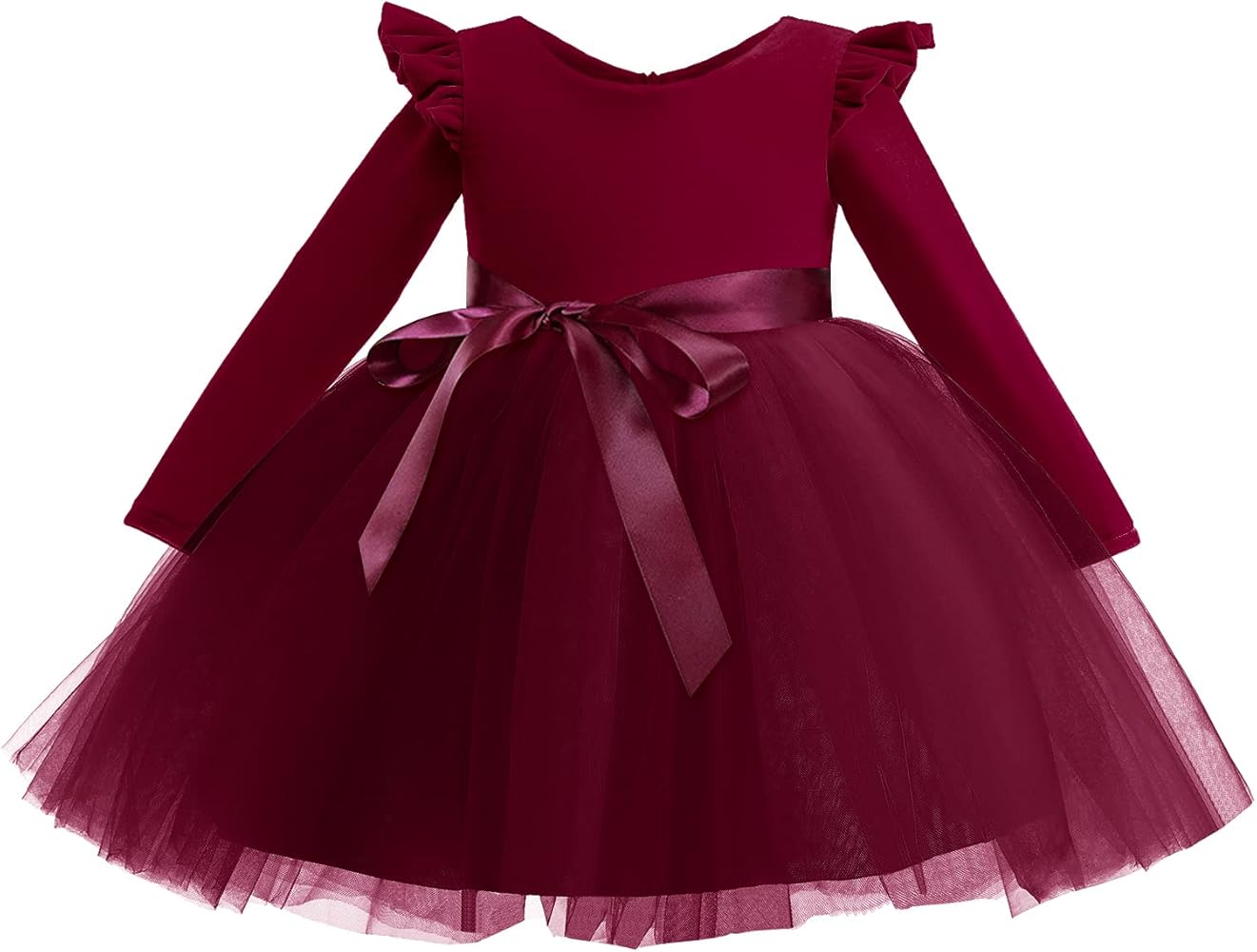 Kids Girls Long Sleeve Ruffle Velvet Tulle Tutu Dress Elegant Princess Dress for Spring Fall Winter