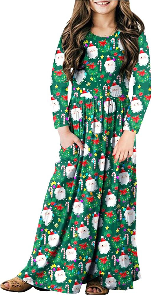 Kids Girls Christmas Maxi Dress Santa Candy Holiday Long Sleeve Party Festive Dresses 9-10 Years