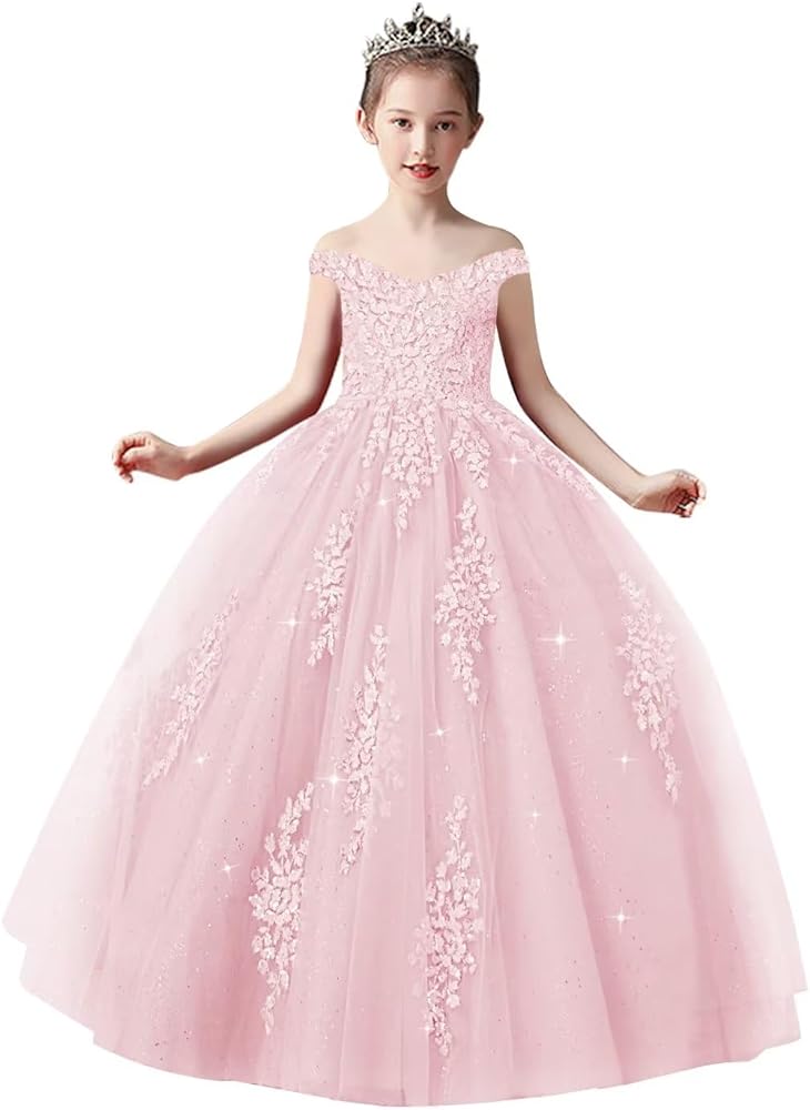 Off Shoulder Tulle Pageant Dress Lace Applique Flower Girl Dress Ball Gown Toddler Kids Birthday Party Dress