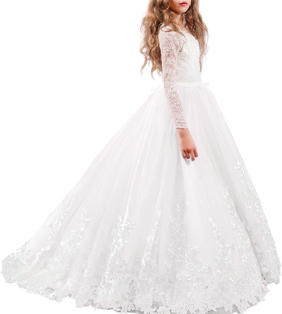 Girls Long Sleeve Lace Flower Wedding Bridesmaid Party Dresses Kids Princess Pageant Floor Length Tulle Ball Gown 2-13T