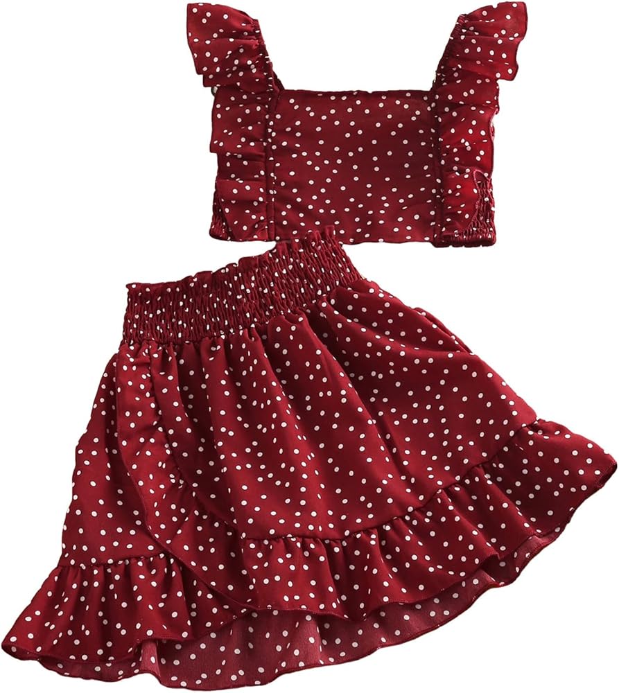 OYOANGLE Girl's 2 Piece Outfit Polka Dots Ruffle Cap Sleeve Crop Top and Ruffle Hem Skirts Set