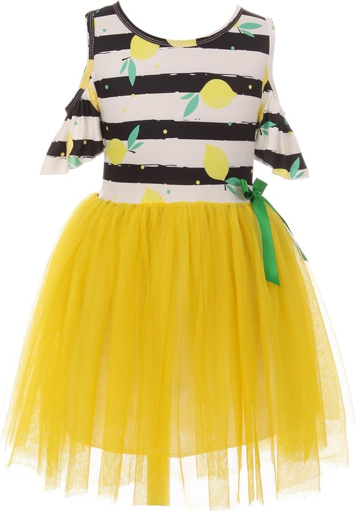 Little Girl Toddler Cold Shoulder Lemon Stripes Tulle Casual Party Dress 2t-8