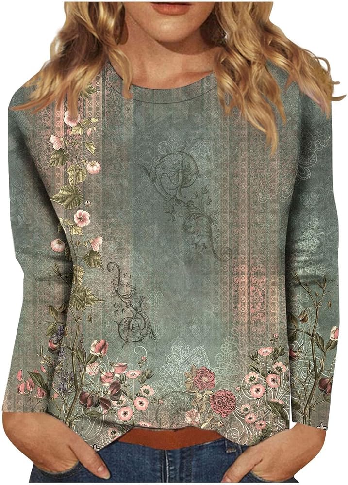 Long Sleeve Blouses for Women Soft Trendy Tops Holiday Floral T Shirts Loose Casual Clothes Cute Lightweight Outfit