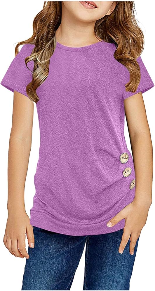 Knot Tunic Button Short Girls Sleeve Tshirt Casual Tops Front Blouse Tee Kids Girls Tops Tunic (Purple, 10-11 Years)