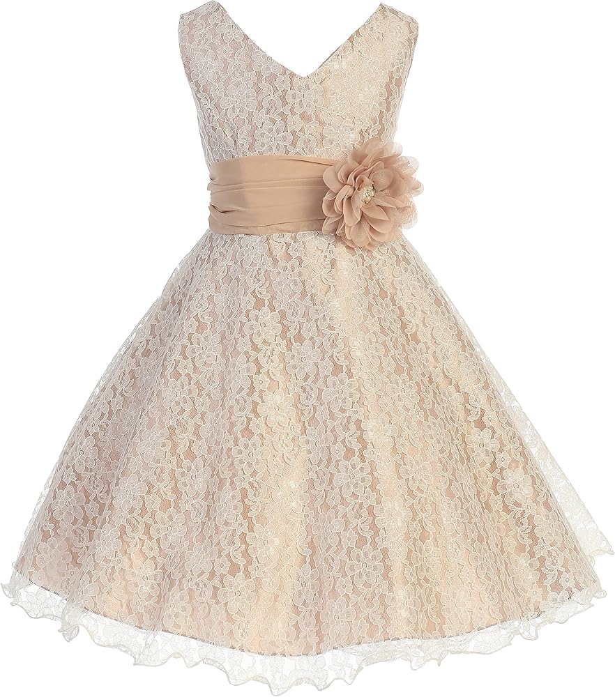 Little Girl Sleeveless V Neck All Over Lace Junior Bridesmaid Flower Girl Dress