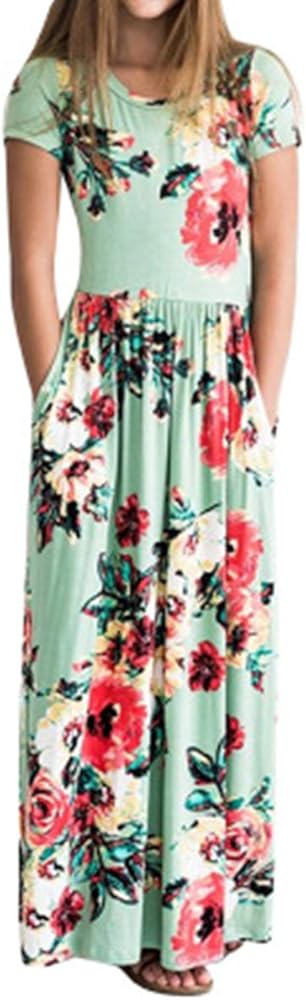 Girl's Maxi Dress Floral Short Sleeve Dresses with Pockets Elastic Waist Holiday Casual Dress for Girls 2-10 Years