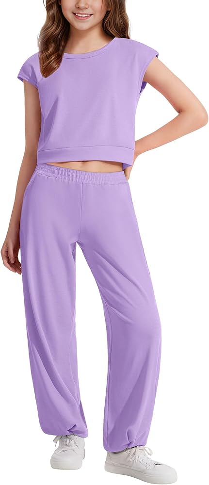 Witwot Girls 2 Piece Outfits Sets Sleeveless Tops Sweatpants Kids Tracksuits Clothing Sets, Purple, 7-8Y