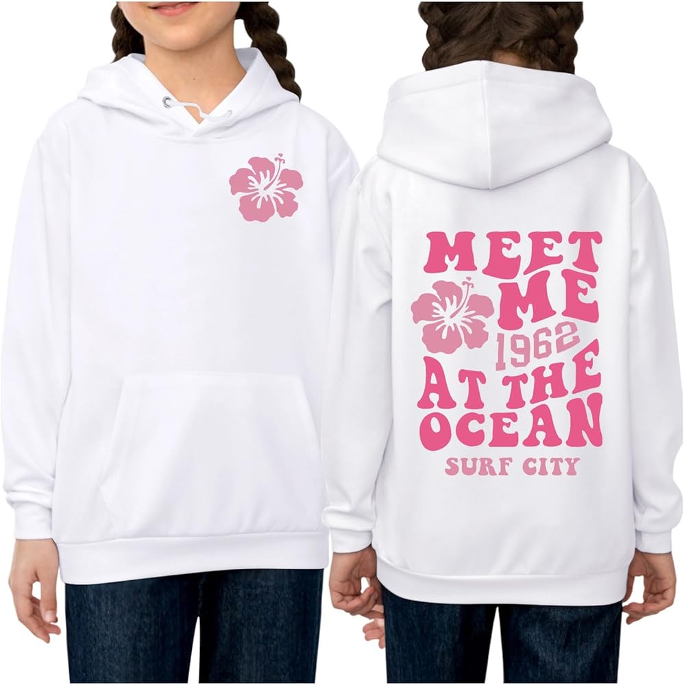 Hoodies for Girls Meet Me at The Ocean Letter Graphic Print Cute Hoodie Long Sleeve Pullover Preppy Sweatshirt Kids