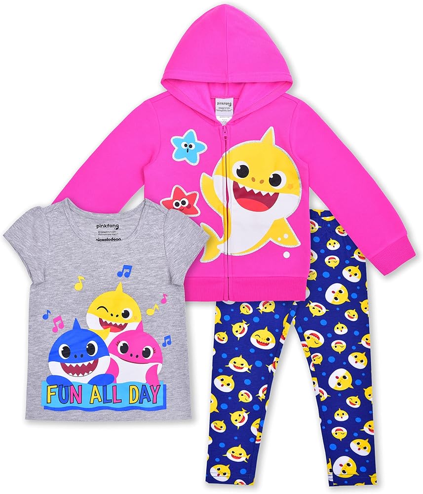 Nickelodeon Baby Shark Girls 3 Piece T-Shirt, Zip Up Hoodie and Leggings Pants Set for Toddler and Little Kids