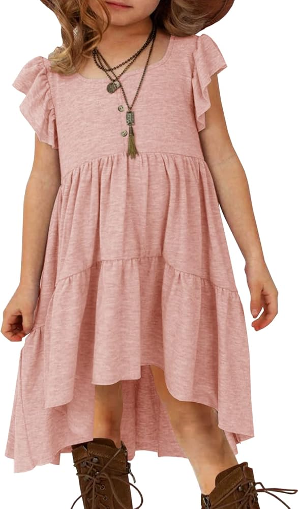 HOSIKA Girls Summer Dress Ruffle Sleeve Button Down Pleated Tiered Swing Casual Dresses with Pockets for 6-12 Years