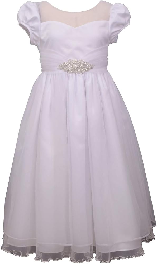 Bonnie Jean Girl's First Communion Dress with Jewel Accent, Short Sleeve