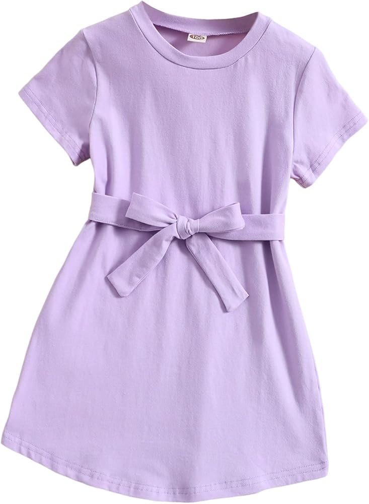 Girls Child Shoert Sleeve Solid Bow Tie Summer Beach Sundress Party Dresses Princess Dress Toddler Girl Size 5t Dresses (Purple, 5-6 Years)