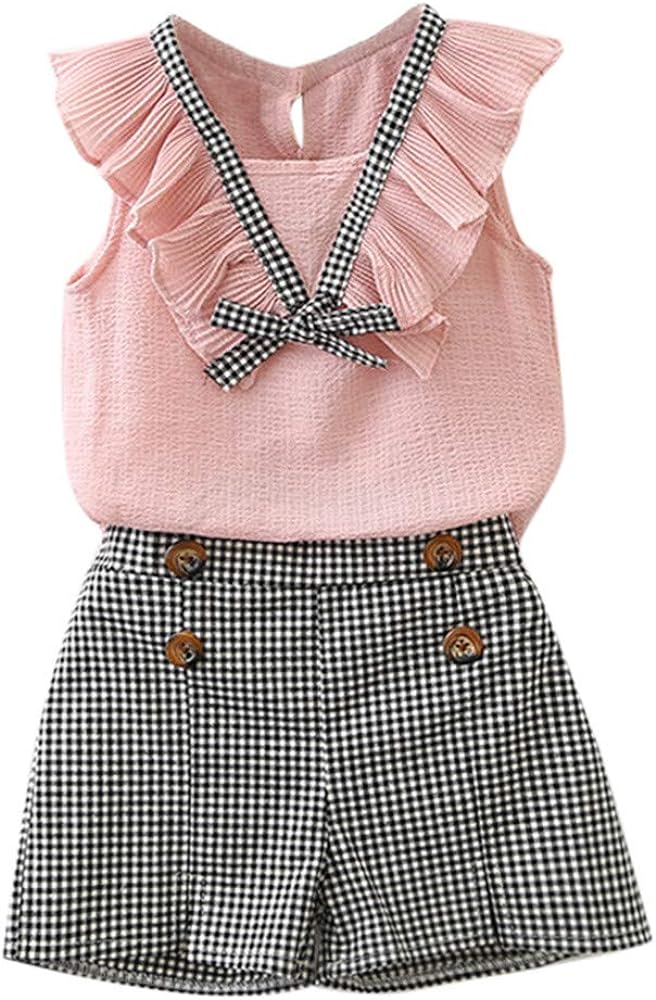 Toddler Kids Baby Girls Outfits Cute Clothes Bowknot Vest Tops+Plaid Shorts Pants Set Outfits for Teens