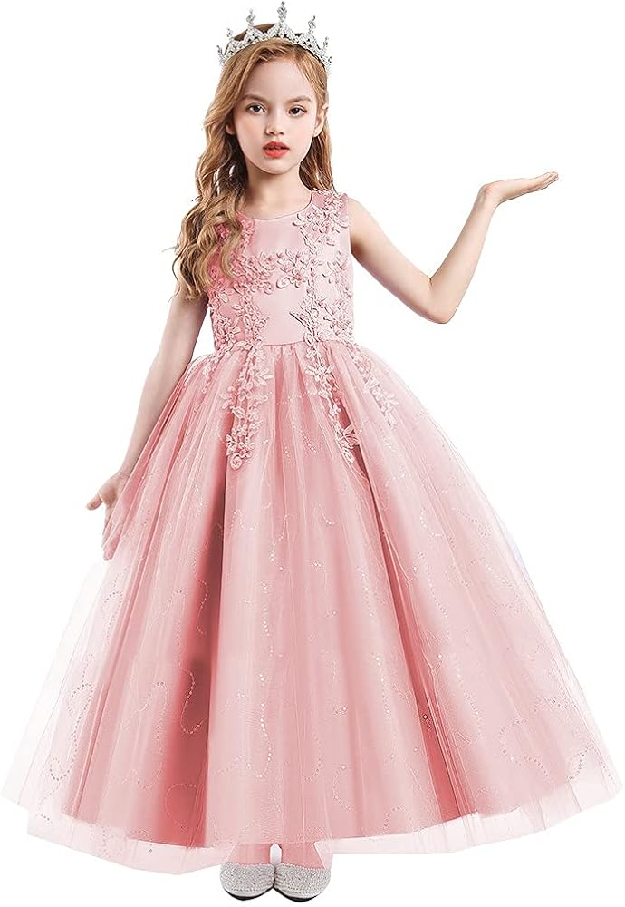 REXREII Flower Girls Embroidered Lace Sequins Tulle Dress Pageant Wedding Birthday Party Communion Formal Evening Long Gown