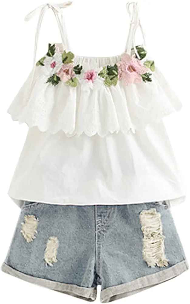 Toddler Girl Short Sleeve Summer Holiday Ruffle Trim Floral Print Tie Knot Tops Tee and Denim Jeans Shorts Set (A-White, 6-7 Years)