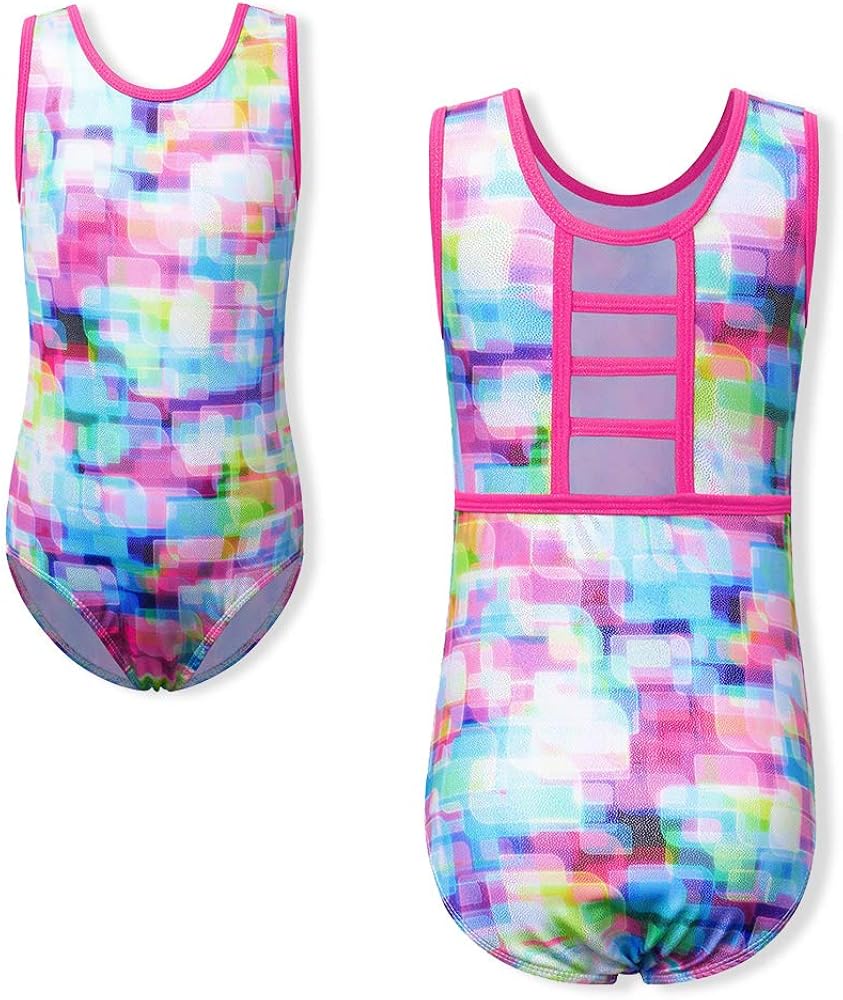 TFJH E Girls Gymnastics Leotard Athletic Practice Outfits One-Pieces Shiny Bodysuit